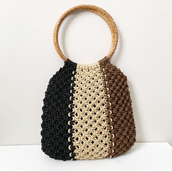 Lined Colorblock Macrame Circle Handled Tote - Picture 2 of 6